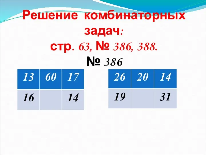 Решение комбинаторных задач: стр. 63, № 386, 388. № 386