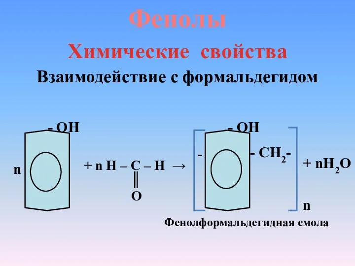 Фенолы Химические свойства Взаимодействие с формальдегидом n - ОН + n H –
