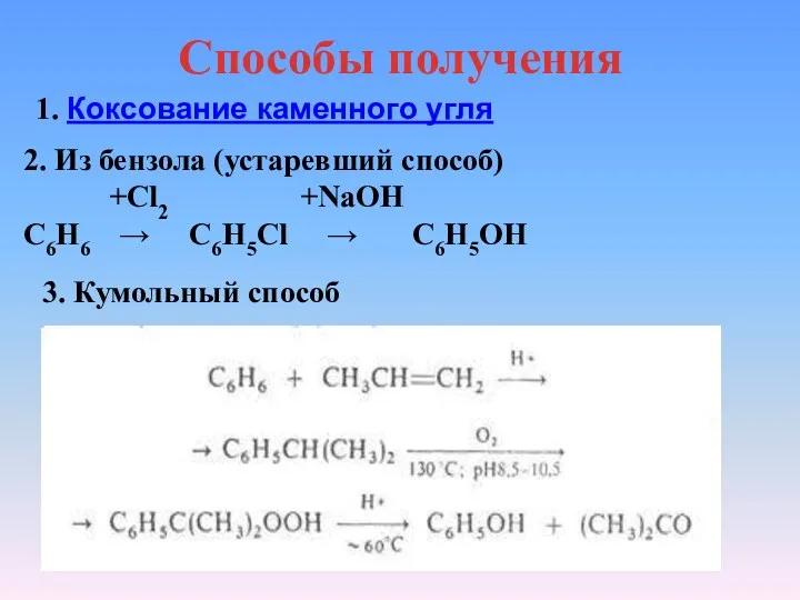 Способы получения 1. Коксование каменного угля 2. Из бензола (устаревший способ) +Cl2 +NaOH