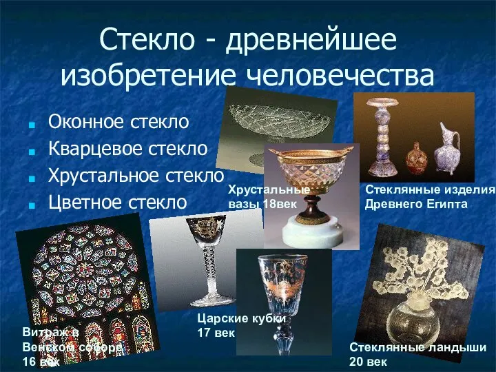 Стекло - древнейшее изобретение человечества Оконное стекло Кварцевое стекло Хрустальное