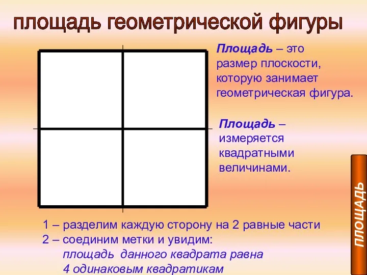 ПЛОЩАДЬ Площадь – это размер плоскости, которую занимает геометрическая фигура. Площадь – измеряется