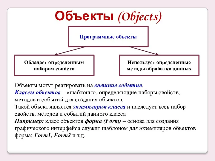 Объекты (Objects) Программные объекты Обладает определенным набором свойств Использует определенные