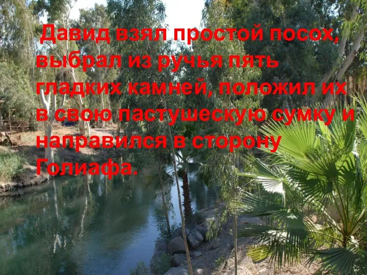 Давид взял простой посох, выбрал из ручья пять гладких камней,