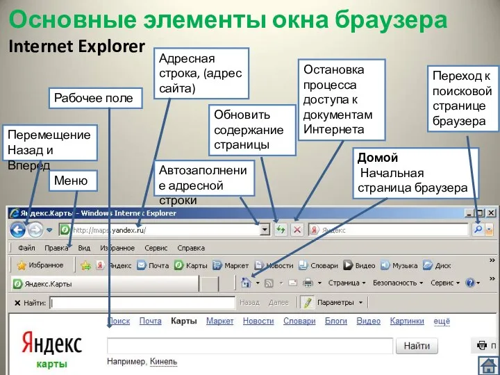 Основные элементы окна браузера Internet Explorer Перемещение Назад и Вперед