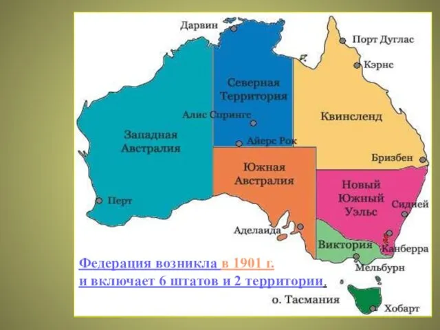 Федерация возникла в 1901 г. и включает 6 штатов и 2 территории.