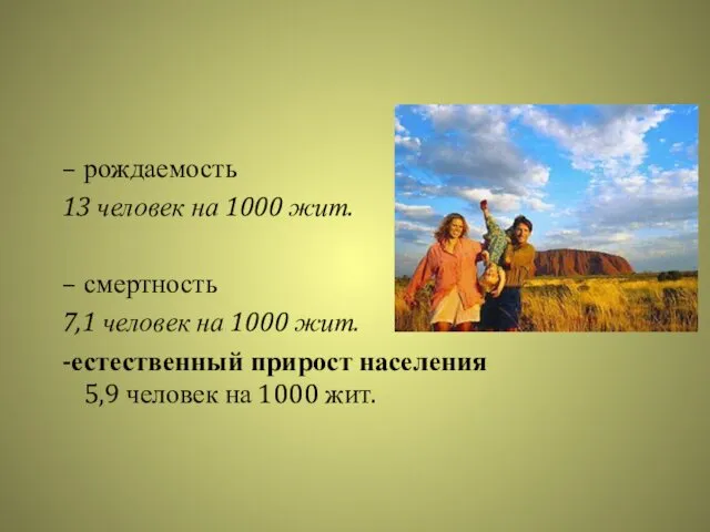 рождаемость 13 человек на 1000 жит. смертность 7,1 человек на 1000 жит. -естественный