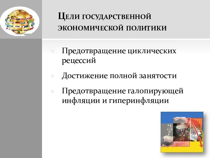 Цели государственной экономической политики Предотвращение циклических рецессий Достижение полной занятости Предотвращение галопирующей инфляции и гиперинфляции