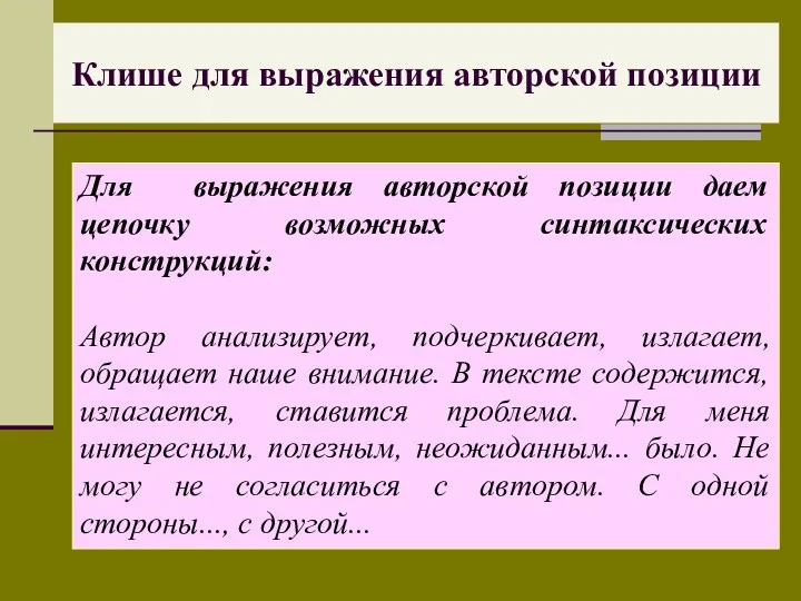 Клише для выражения авторской позиции Для выражения авторской позиции даем