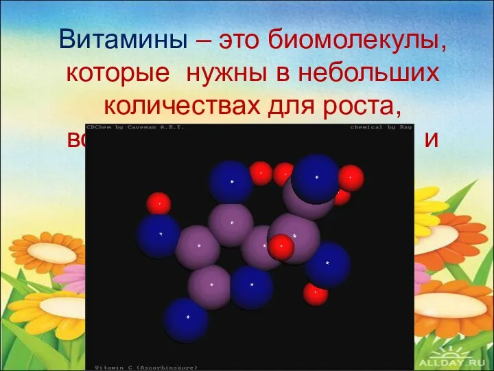 Витамины – это биомолекулы, которые нужны в небольших количествах для роста, воспроизводства, здоровья и жизни.