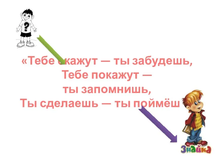 «Тебе скажут — ты забудешь, Тебе покажут — ты запомнишь, Ты сделаешь — ты поймёшь»