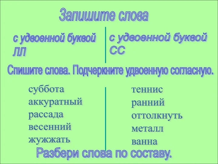 Запишите слова с удвоенной буквой ЛЛ с удвоенной буквой СС