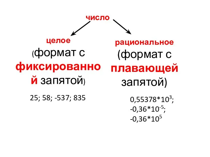 число целое (формат с фиксированной запятой) рациональное (формат с плавающей