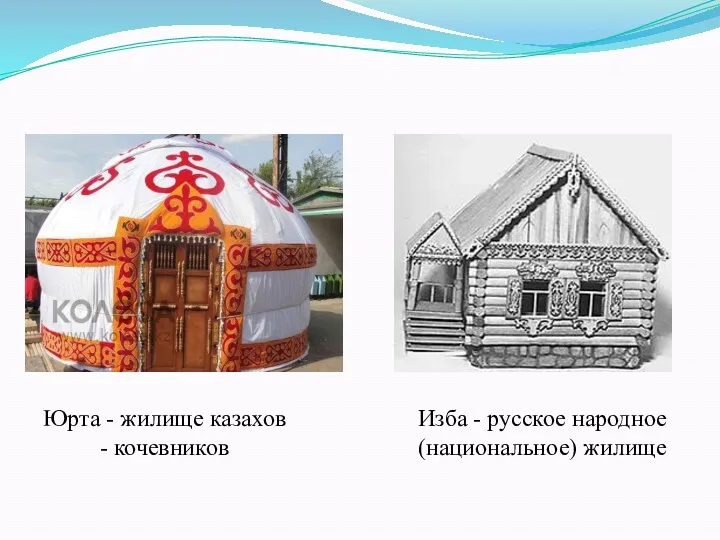 Юрта - жилище казахов - кочевников Изба - русское народное (национальное) жилище