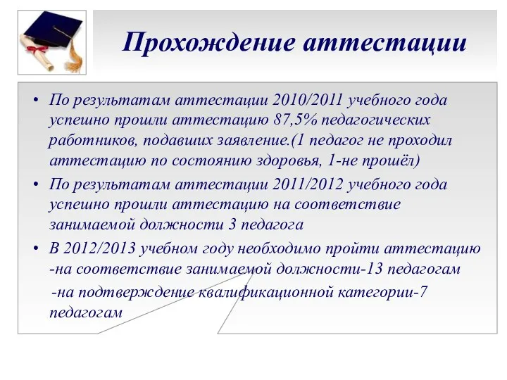 Прохождение аттестации По результатам аттестации 2010/2011 учебного года успешно прошли аттестацию 87,5% педагогических