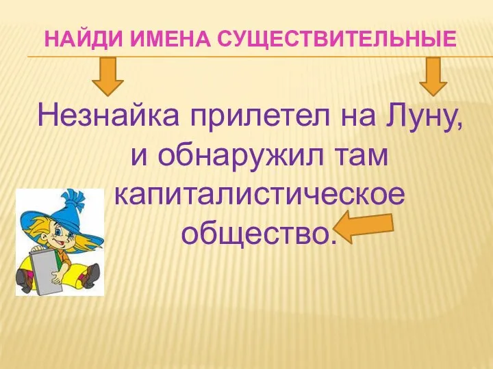 Найди имена существительные Незнайка прилетел на Луну, и обнаружил там капиталистическое общество.