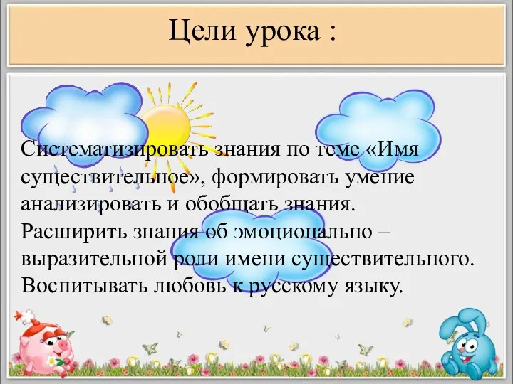 Цели урока : Систематизировать знания по теме «Имя существительное», формировать