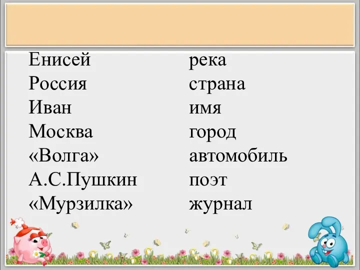 Енисей Россия Иван Москва «Волга» А.С.Пушкин «Мурзилка» река страна имя город автомобиль поэт журнал