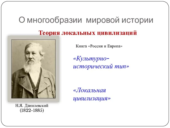 О многообразии мировой истории Теория локальных цивилизаций Н.Я. Данилевский (1822-1885)