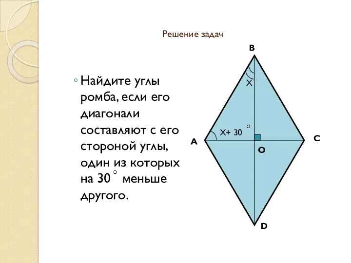 Решение задач Найдите углы ромба, если его диагонали составляют с его стороной углы,