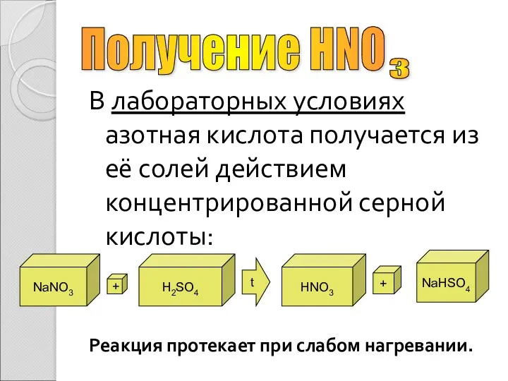 В лабораторных условиях азотная кислота получается из её солей действием