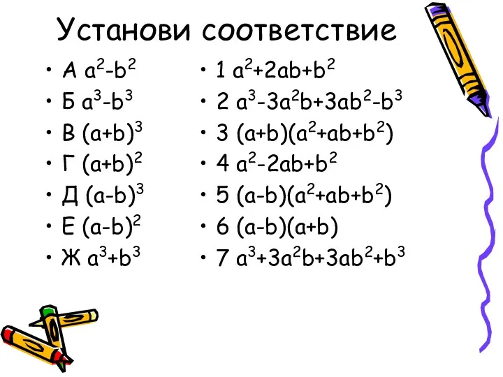 Установи соответствие А а2-b2 Б a3-b3 В (a+b)3 Г (a+b)2