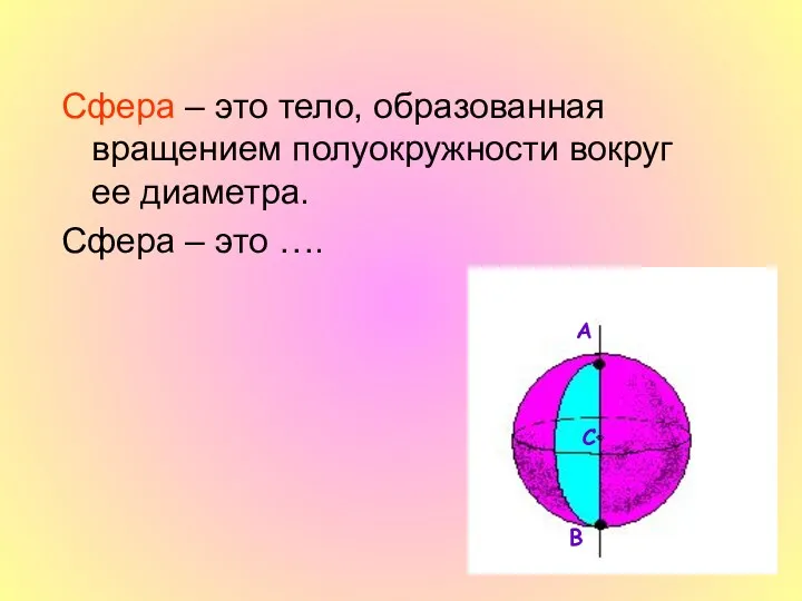Сфера – это тело, образованная вращением полуокружности вокруг ее диаметра.