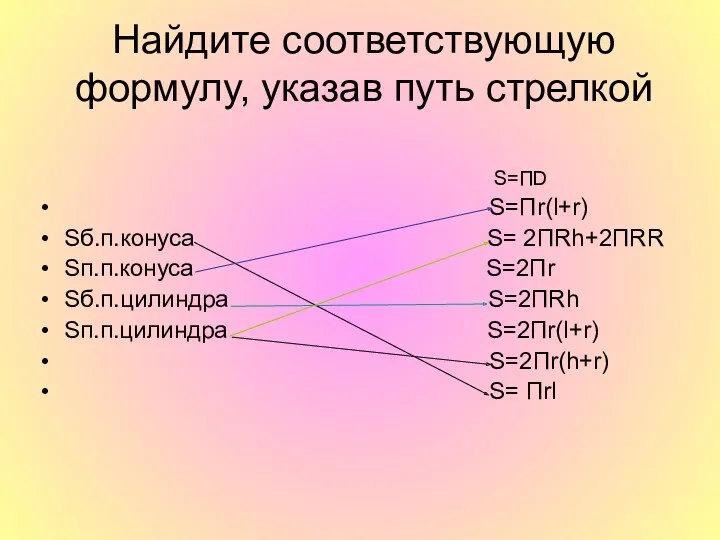 Найдите соответствующую формулу, указав путь стрелкой S=ПD S=Пr(l+r) Sб.п.конуса S=