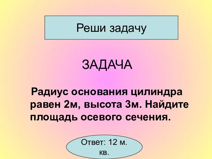 ЗАДАЧА Радиус основания цилиндра равен 2м, высота 3м. Найдите площадь