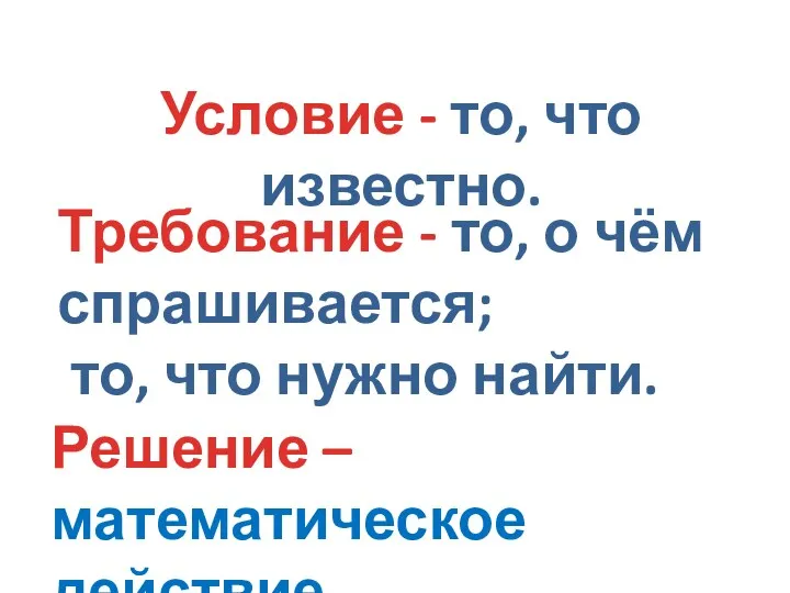 Условие - то, что известно. Требование - то, о чём спрашивается; то, что