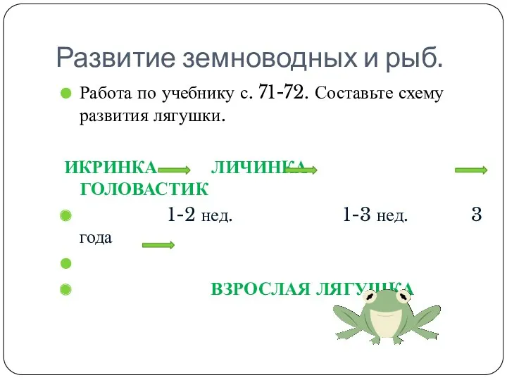 Развитие земноводных и рыб. Работа по учебнику с. 71-72. Составьте схему развития лягушки.