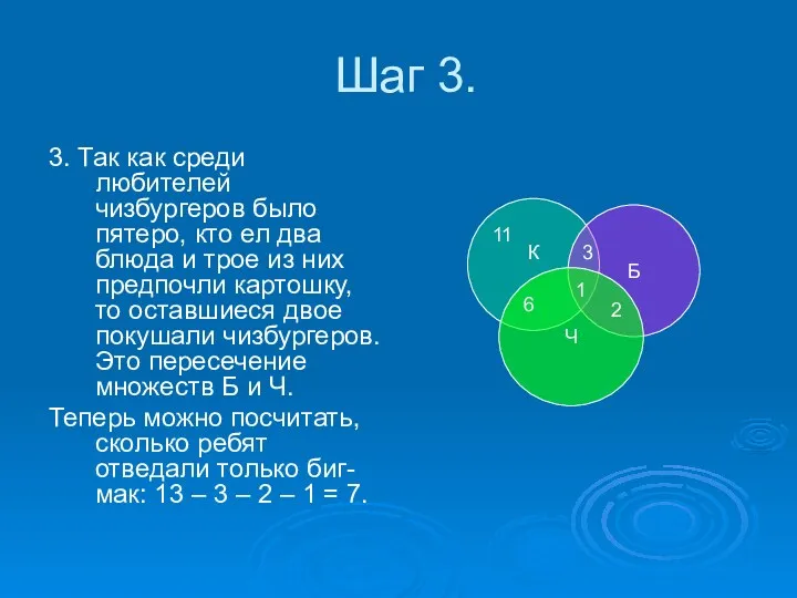 Шаг 3. 3. Так как среди любителей чизбургеров было пятеро,