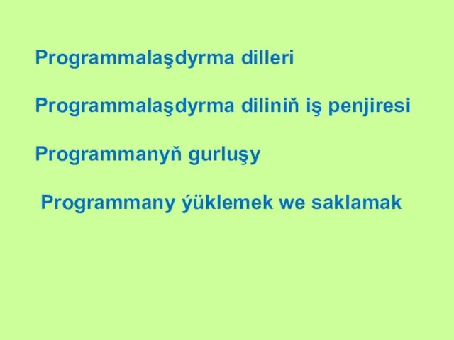 Programmalaşdyrma dilleri Programmalaşdyrma diliniň iş penjiresi Programmanyň gurluşy Programmany ýüklemek we saklamak