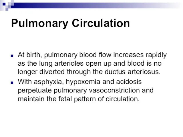 Pulmonary Circulation At birth, pulmonary blood flow increases rapidly as