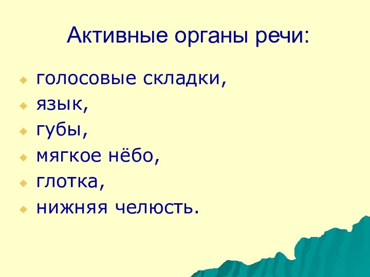 Активные органы речи: голосовые складки, язык, губы, мягкое нёбо, глотка, нижняя челюсть.