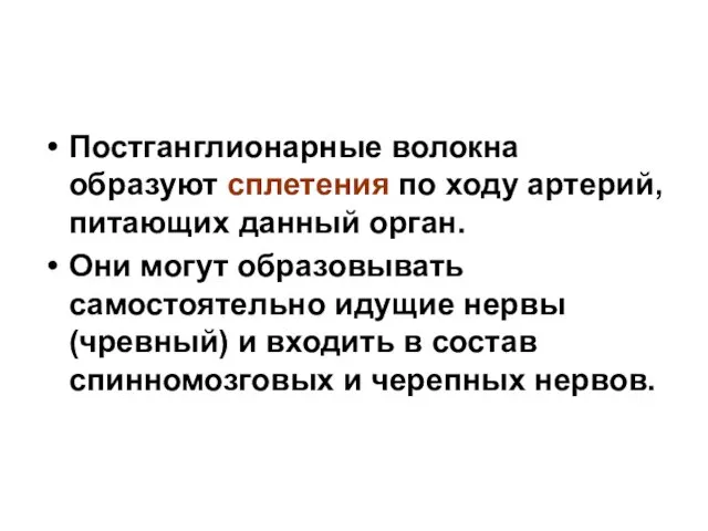 Постганглионарные волокна образуют сплетения по ходу артерий, питающих данный орган.