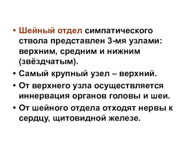 Шейный отдел симпатического ствола представлен 3-мя узлами: верхним, средним и