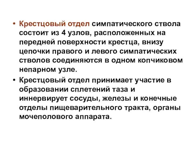 Крестцовый отдел симпатического ствола состоит из 4 узлов, расположенных на