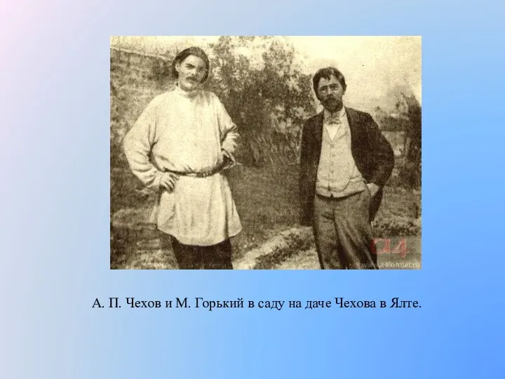 А. П. Чехов и М. Горький в саду на даче Чехова в Ялте.