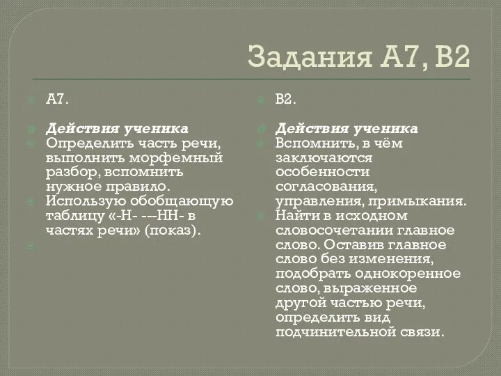 Задания А7, В2 А7. Действия ученика Определить часть речи, выполнить