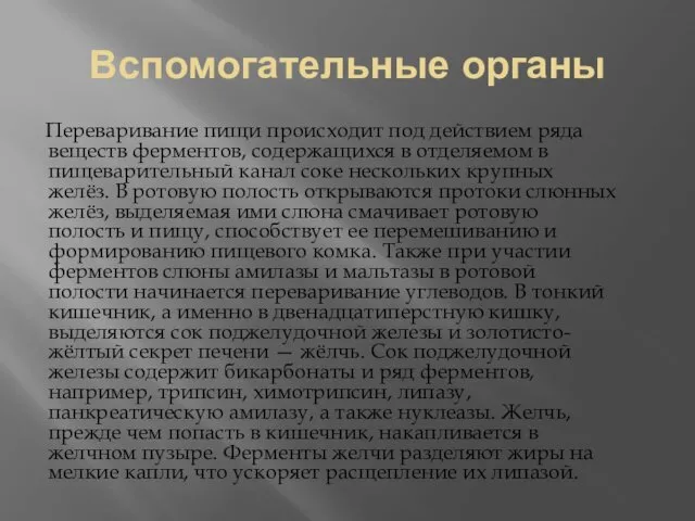 Вспомогательные органы Переваривание пищи происходит под действием ряда веществ ферментов, содержащихся в отделяемом