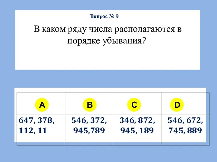 A B C D В каком ряду числа располагаются в порядке убывания? Вопрос № 9