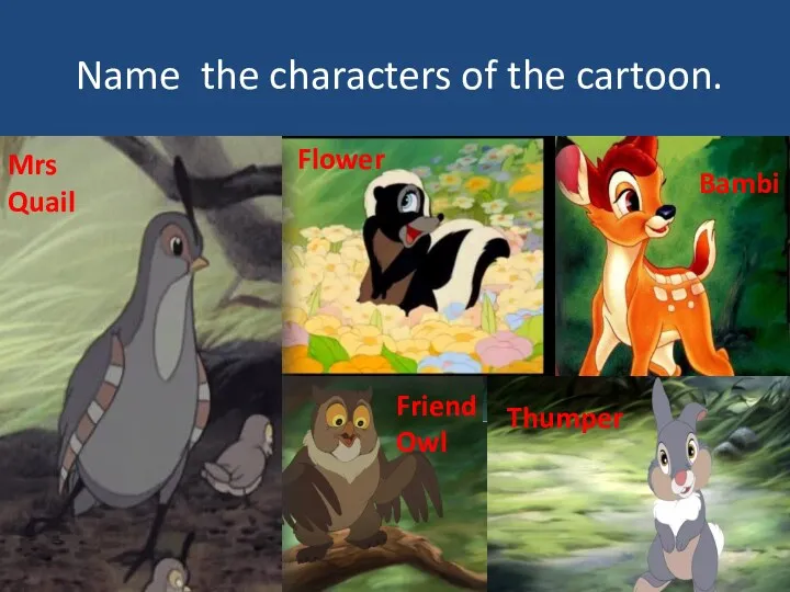 Name the characters of the cartoon. Mrs Quail Flower Bambi Friend Owl Thumper