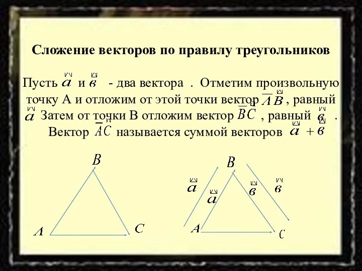 Сложение векторов по правилу треугольников Пусть и - два вектора . Отметим произвольную