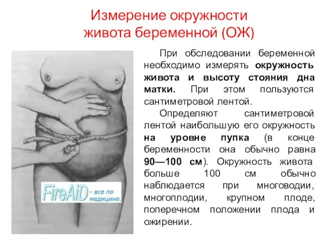 Измерение окружности живота беременной (ОЖ) При обследовании беременной необходимо измерять