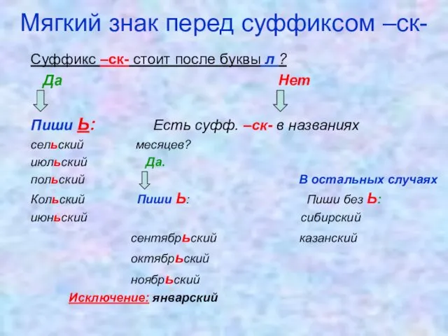 Мягкий знак перед суффиксом –ск- Суффикс –ск- стоит после буквы