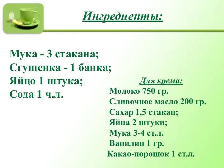 Ингредиенты: Мука - 3 стакана; Сгущенка - 1 банка; Яйцо