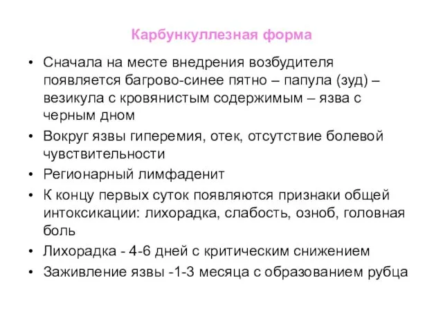 Карбункуллезная форма Сначала на месте внедрения возбудителя появляется багрово-синее пятно