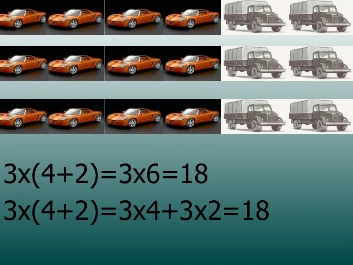 3x(4+2)=3x6=18 3x(4+2)=3x4+3x2=18