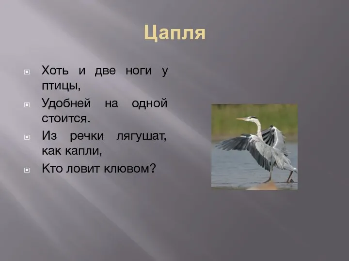 Цапля Хоть и две ноги у птицы, Удобней на одной стоится. Из речки