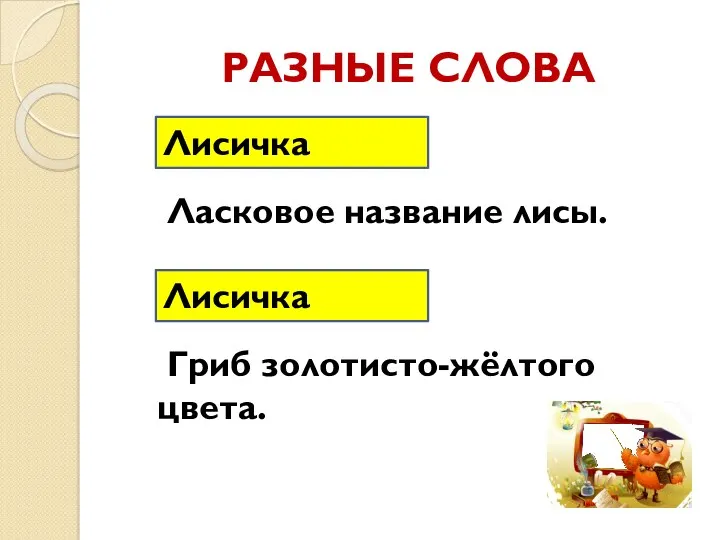 Лисичка Ласковое название лисы. Гриб золотисто-жёлтого цвета. РАЗНЫЕ СЛОВА Лисичка